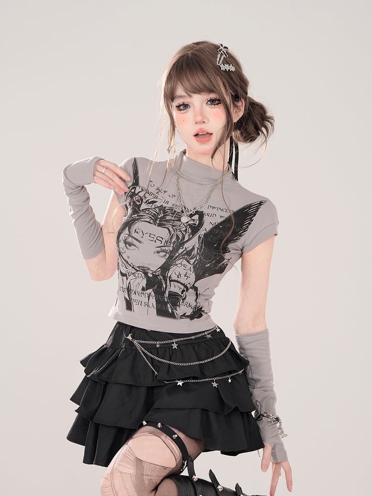Character Print and Matching Fingerless Gray Mock Neck T-shirt with Manga Gloves
