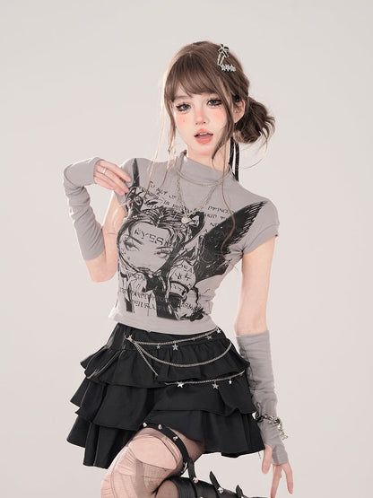 Charakterdruck und passendes fingerloses graues T-Shirt mit Stehkragen und Manga-Handschuhen