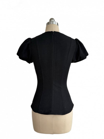 Black Square Neck Puff Sleeve Top with Double Breasted Detail - Damn Girl