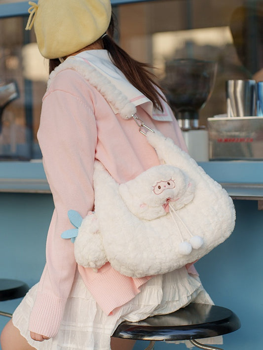 ポンポン付きの白いかわいい子羊のぬいぐるみショルダーバッグ