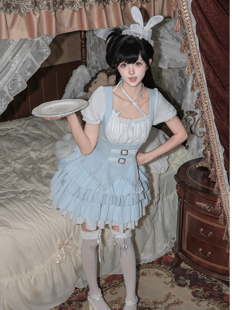 Blue & White Striped OP Dress Set with Necklace and Rabbit Hat - With PUJI