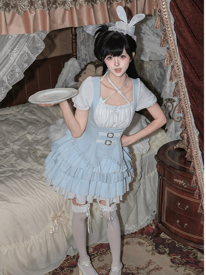 Blue & White Striped OP Dress Set with Necklace and Rabbit Hat - With PUJI