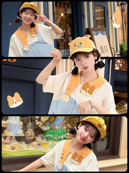 Zweiteiliges Kleid mit entzückendem Katzenkragen in Blau und Weiß mit Farbblock-Design