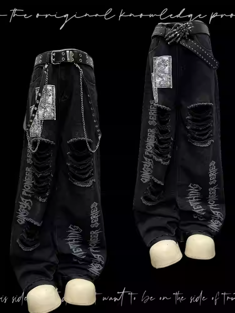 Schwarz Punk Print Dragon Holes Saum Jeans Distressed Applikationen Raw