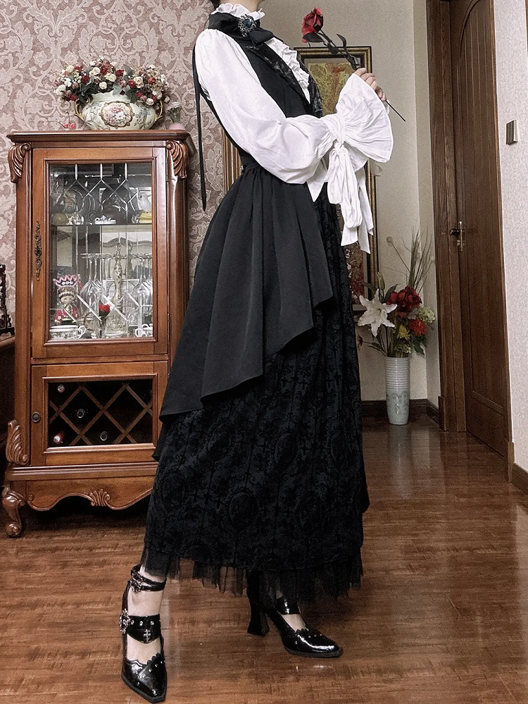 Lolita Shirt Komplett Schwarz und Weiß Gothic Rock Weste Set Lange Ärmel Elegant + -