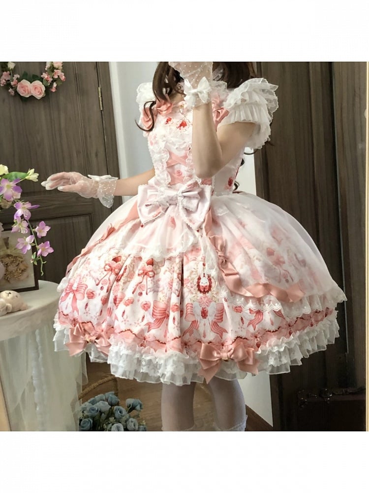 Sweet Strawberry Printed Pink Lolita JSK Dress Adorned with Bow Accents - PG Lullaby