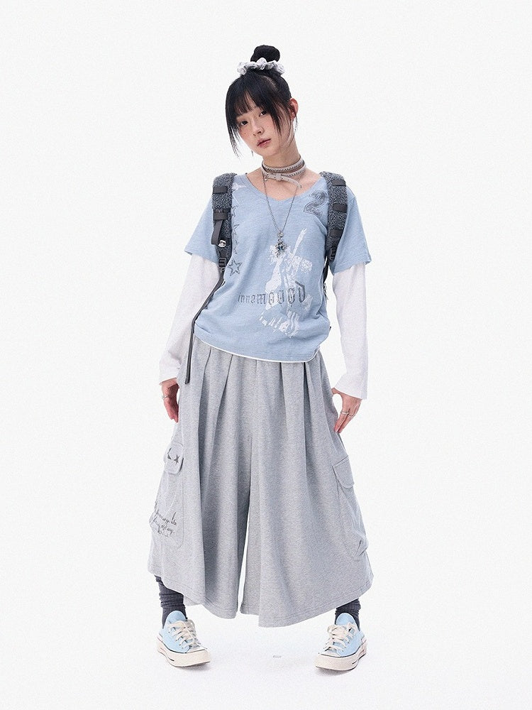 Dusty Blue Fake Two-Piece V-Neck Long Sleeve Tee with Print - innomoood