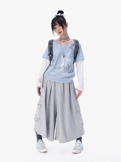 Dusty Blue Fake Two-Piece V-Neck Long Sleeve Tee with Print - innomoood