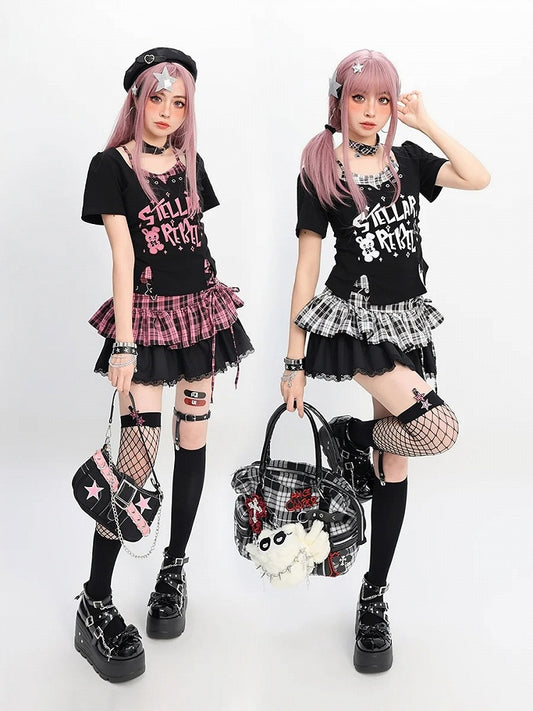 Y2K Black Pink/Black  White Plaid Star with Detail Tiered Skirt Lace-up Buckle