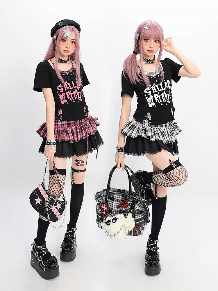 Buckle with Pink/Black  White Plaid Star Lace-up Y2K Black Tiered Skirt Detail