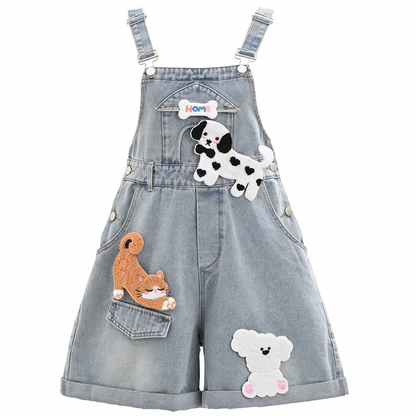 Blauer Jeans-Overall mit hoher Taille und Welpen-Applikationen mit abnehmbarem Kätzchen