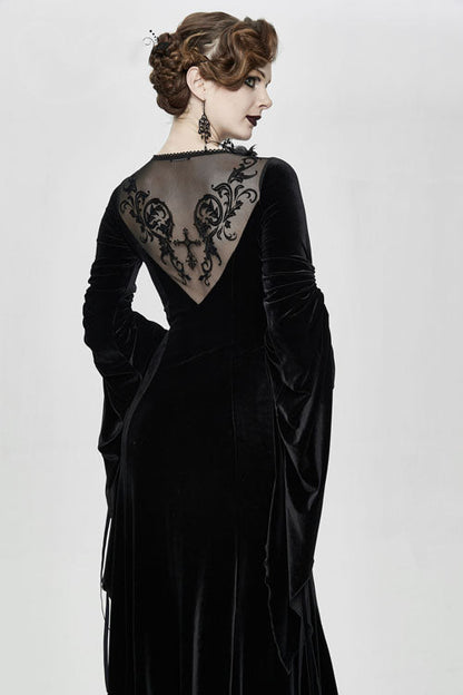 Black Velvet Fitted Dress with Flocking Flared Sleeves
