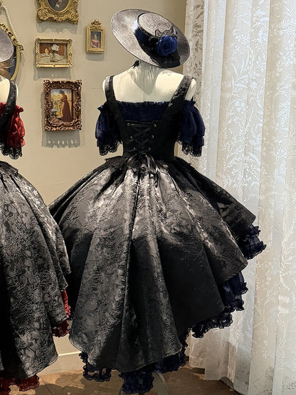 Gothic Underbust JSK Dress with Off-Shoulder Blouse, Dark Blue & Black, High-Low Skirt - Sheer Ocean