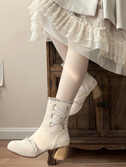 Apricot Lace-Up Round Toe Bow-Adorned Sweet Lolita Ankle Boots - Magic Peach