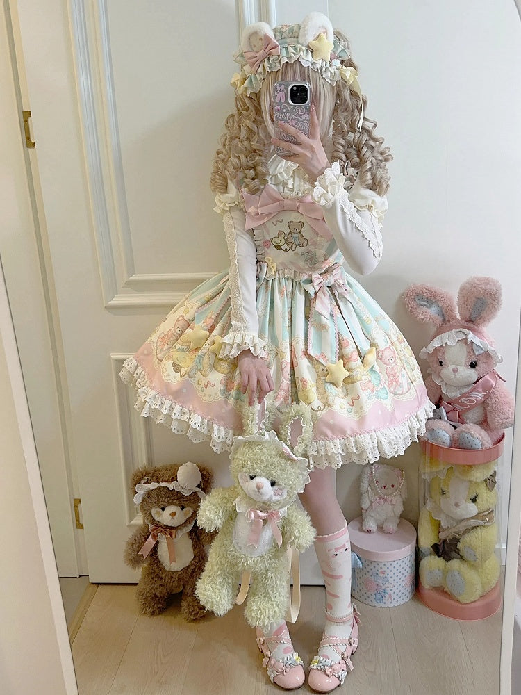 ピンクとグリーンのテディプリントのスイートロリータジャンパースカート