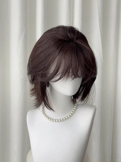 with Short Straight Bangs 30CM Full Black Wig Tea