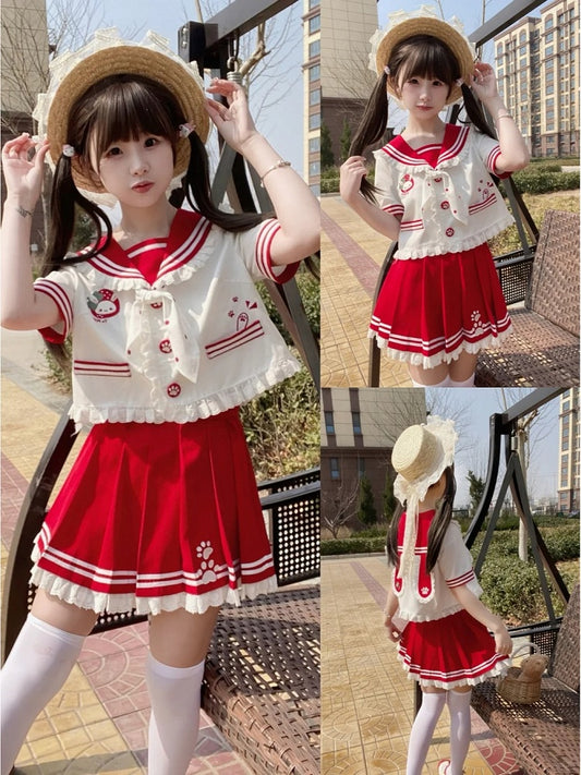 Sailor Collar Bunny Ears Design JK Ruffled Pink/Red T-Shirt Uniform
