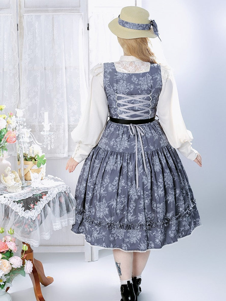 Gray & White Rosette Print Elegant Classic Lolita JSK Dress with Lace Trim