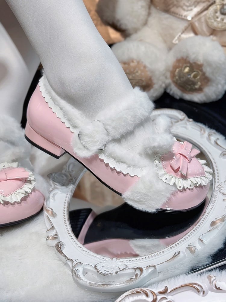 Polka Dot Plush Heart Pink Winter Lolita Round-Toe Shoes - Cute Bunny