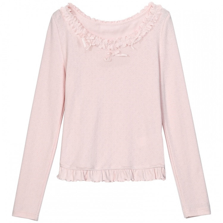 Rosafarbenes, langärmliges Oberteil mit Rüschenbesatz und Schleifendetails