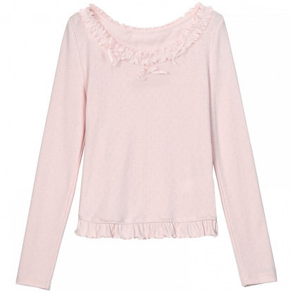 Rosafarbenes, langärmliges Oberteil mit Rüschenbesatz und Schleifendetails