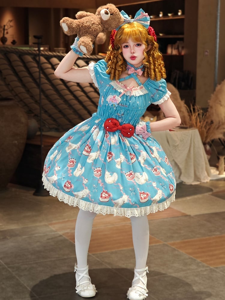 Elastischer Print Kitty Smocked Blue Bows Mieder Lolita und Piece Sweet One