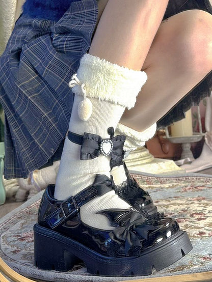 Polished Black Round Toe Bow at Top Lace Trim Block Heel Mary Janes