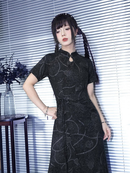 Black Gothic Short Sleeve Cheongsam Sea Lily Print - Quirky Hut