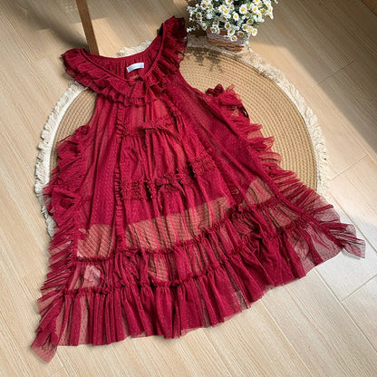 Details Ruffle and Pink Style Red Dots Bow Overdress Tulle House Trim