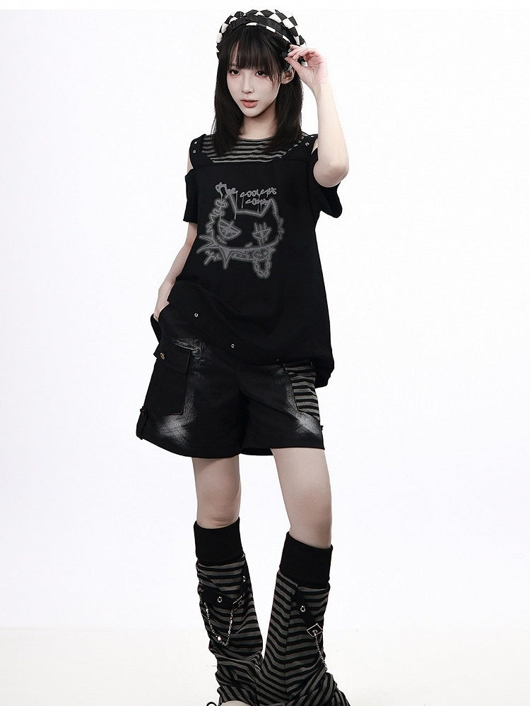 Black Striped Cutout Shoulder Short Sleeve Tee with Cat Graffiti - PINK SAVIOR
