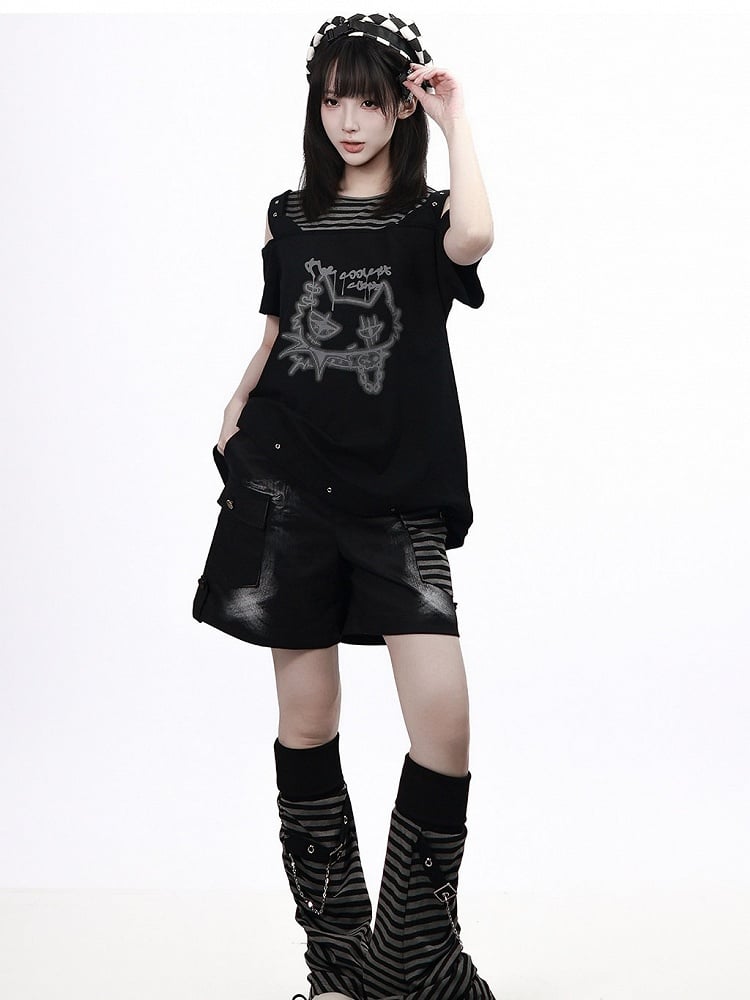 Black Straight-Leg Shorts with Asymmetrical Pocket Design - PINK SAVIOR