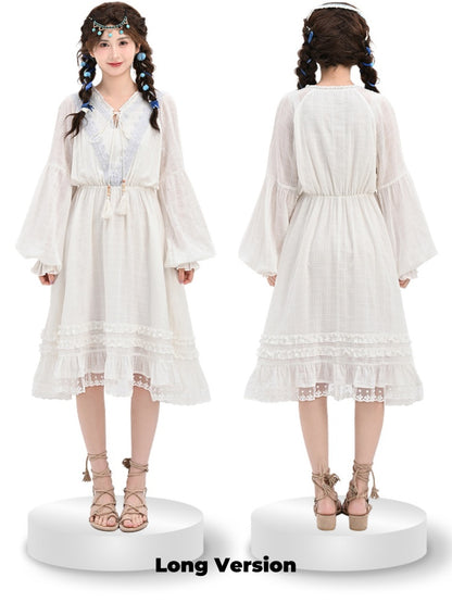 Version White V-Neck Lace Trim Dress with Tassel Drawstring Design Regular/Long