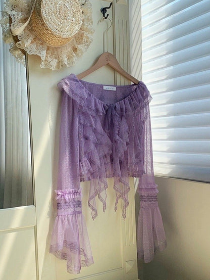 Purple Sheer Ruffle Top Sleeves Trim Dotted Cascading Long Tulle