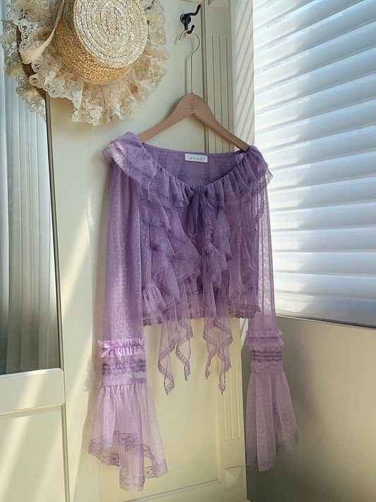 Purple Sheer Ruffle Top Sleeves Trim Dotted Cascading Long Tulle