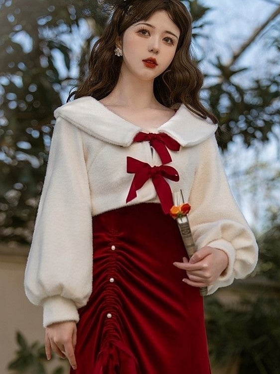 V-Neck White Lolita Coat with Bowknots Red