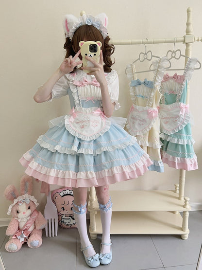 Blue JSK Sweet Bow / Apron Lolita Full Maid Ruffle Set Dress + Heart