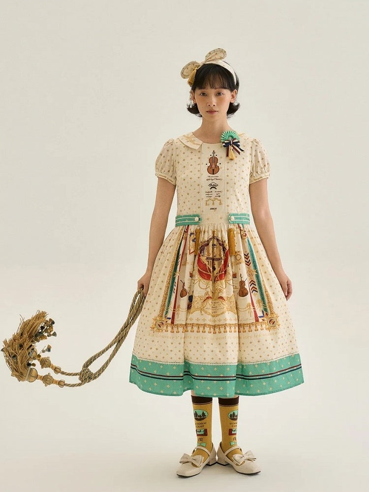 Long White Musical Print Peter Pan Collar OP Dress with Tassels - Crucis Universal Tailor Company