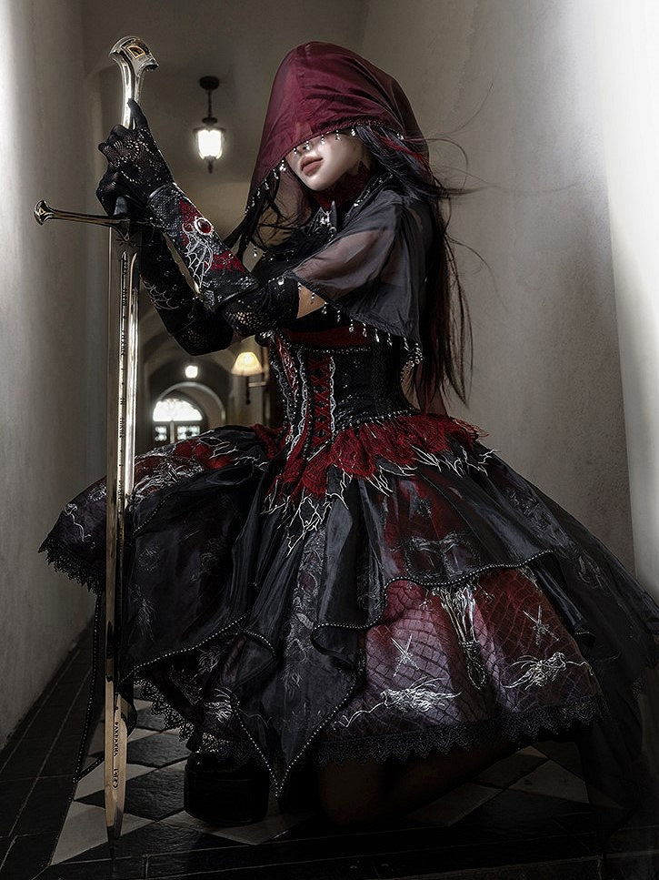Black & Red Bone Dragon Embroidery Halter Neck Gothic Lolita Dress Set - Ying Luo Fu