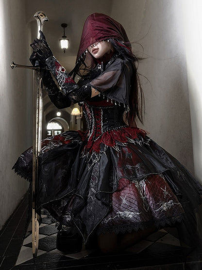Black & Red Bone Dragon Embroidery Halter Neck Gothic Lolita Dress Set - Ying Luo Fu