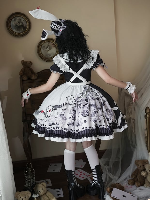 Sweet Lolita Apron Dress OP Full Set with Bunny & Teapot Print in Black and White - Ying Luo Fu
