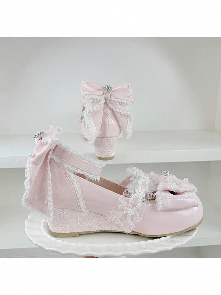 Pink Lace Bowknot 5cm Slope Heel Shoes Pearl Chain - Meng Ka Jiang