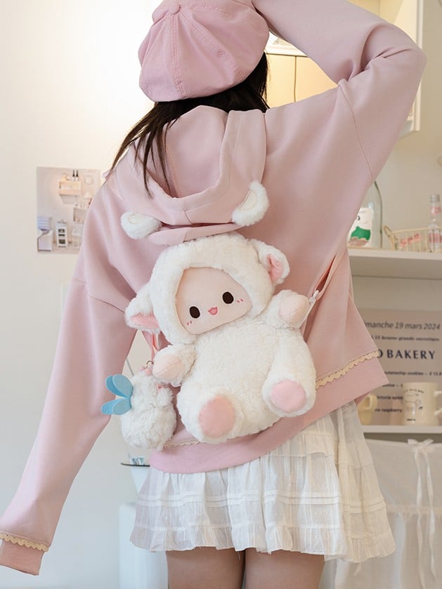 Plush And Pink Canvas Bag Backpack Lamb White Detachable Set