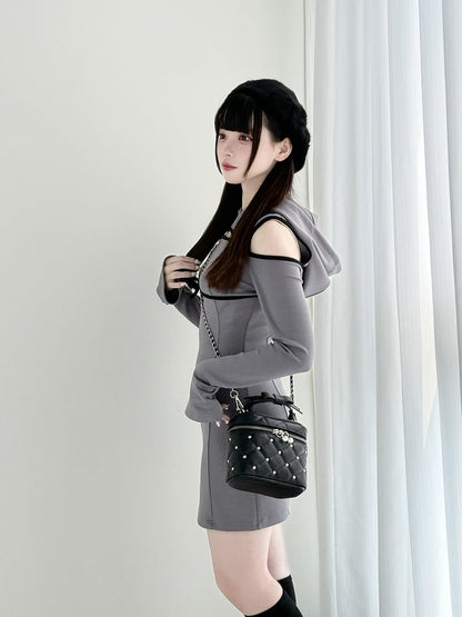 Jirai Hoodie Schulter Grau Daywear Cutout Kei Über Dem Knie - Brust Kleid