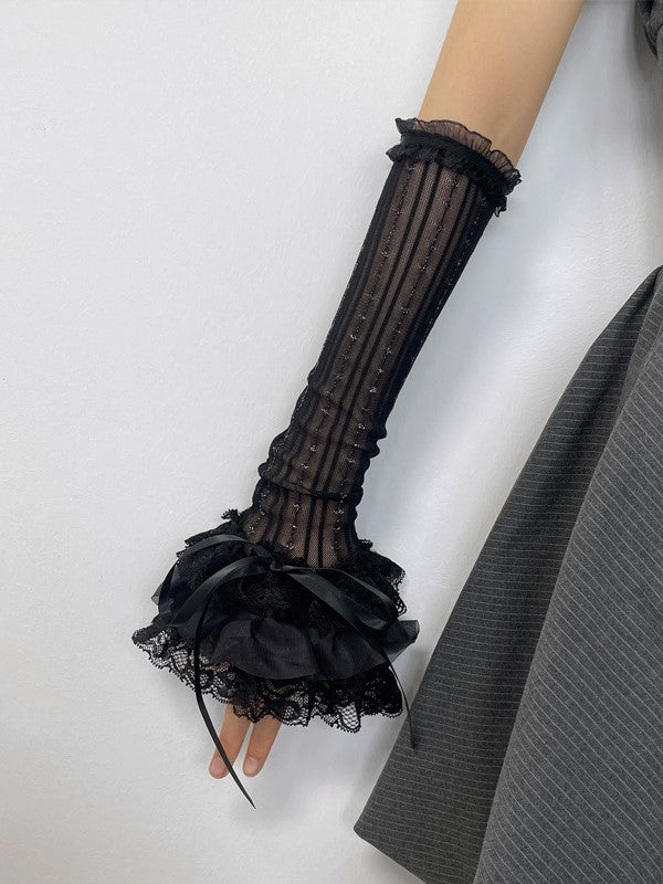 ホワイト/ブラックの袖口、ロリータレース、セルフタイ、半透明の袖、ストラップ、ストライプ、フリル