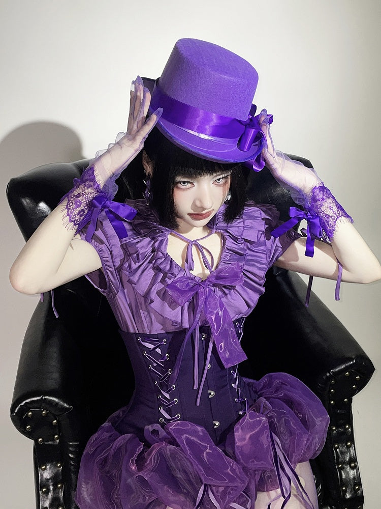 Gothic Lolita Ruffles Waist Purple Neckline with Elastic Layered Smocked Blouse