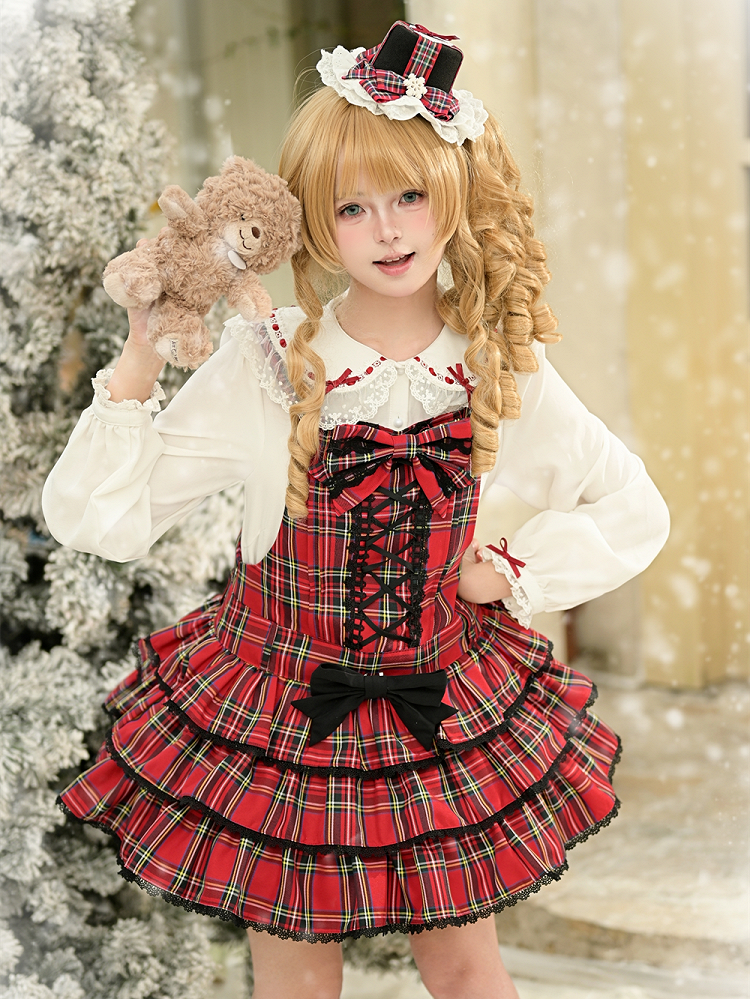Christmas Red Plaid Tiered JSK with Criss-cross Front