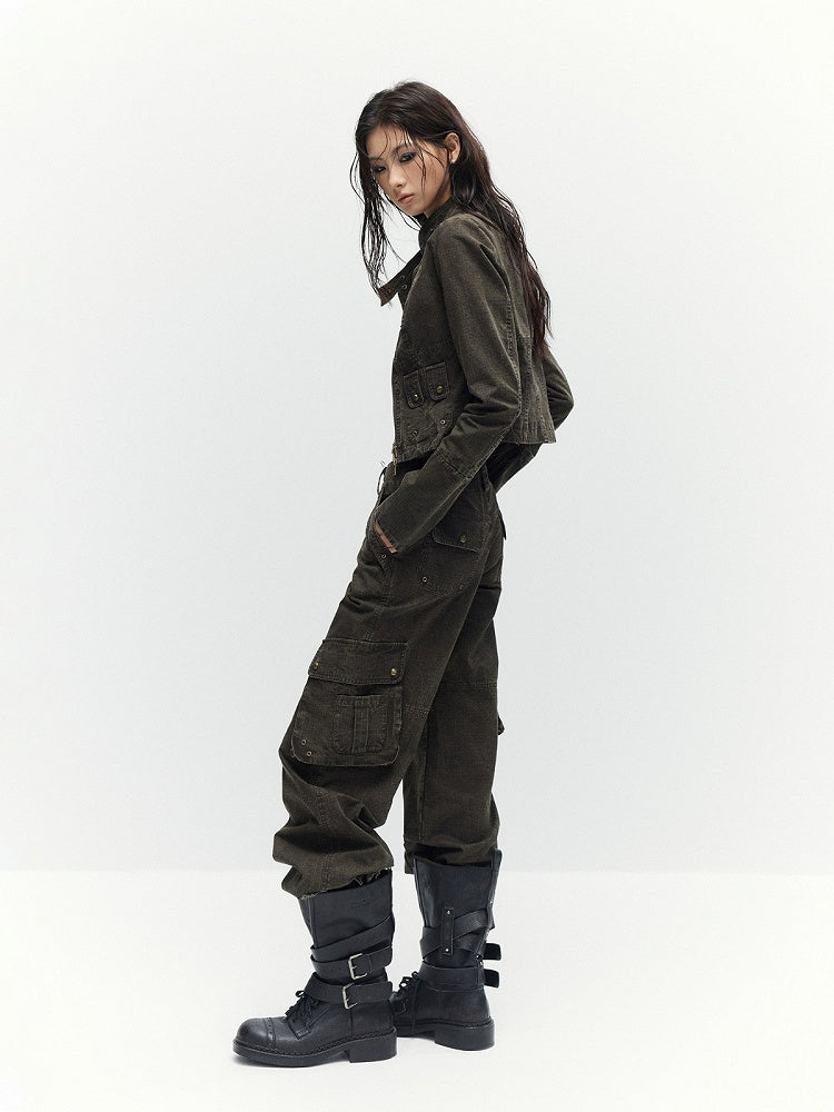 Coffee Straight Leg Cargo Pants with Drawstring Cuffs - Low pixel