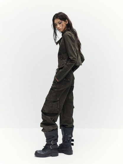 Coffee Straight Leg Cargo Pants with Drawstring Cuffs - Low pixel