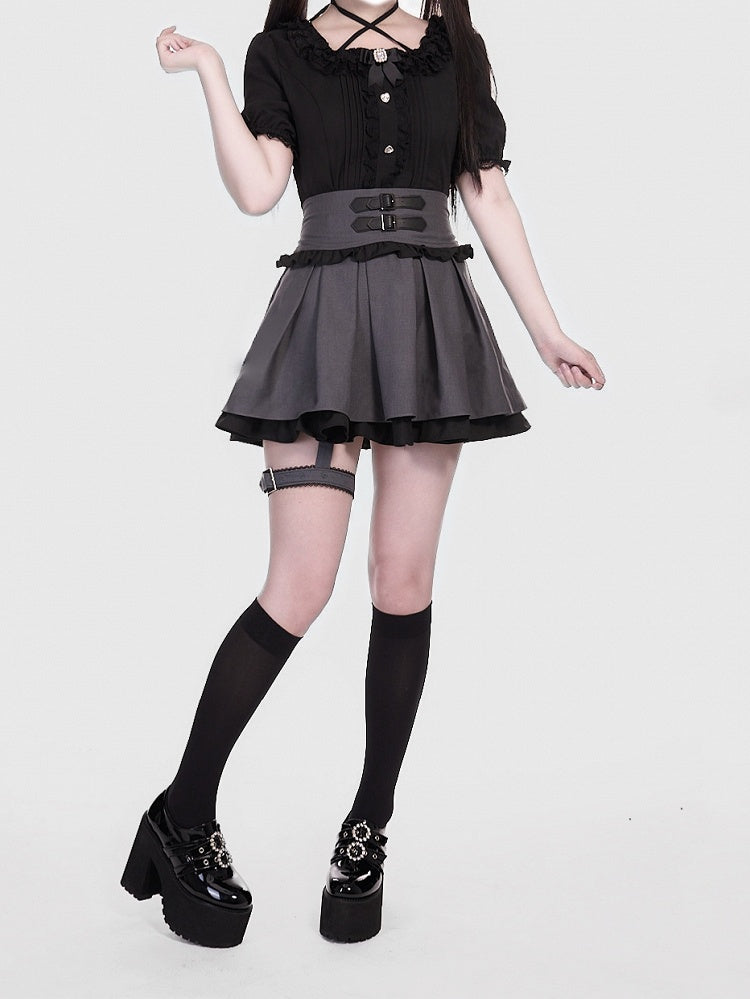 Gray Jirai Kei Double and Layers Skirt in Black with Double Buckle Straps  Garter