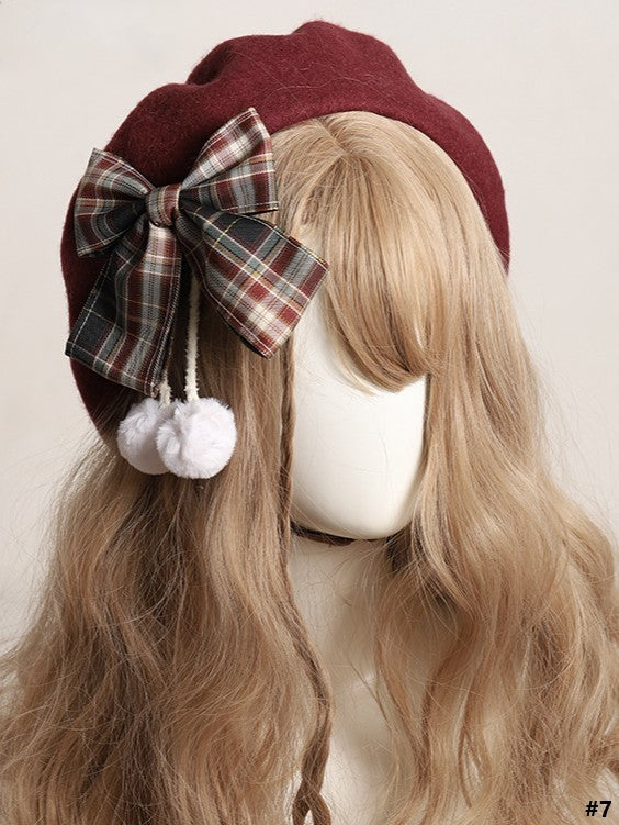 14 Color Options Plaid Bow Beret with Pom-Pom Accents